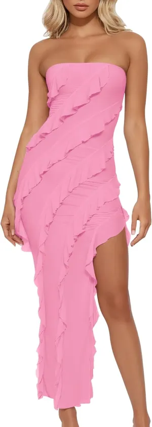 HOCILLE Women's Sexy Strapless Tube Bodycon Ruffle Split Long Cocktail Party Dresses