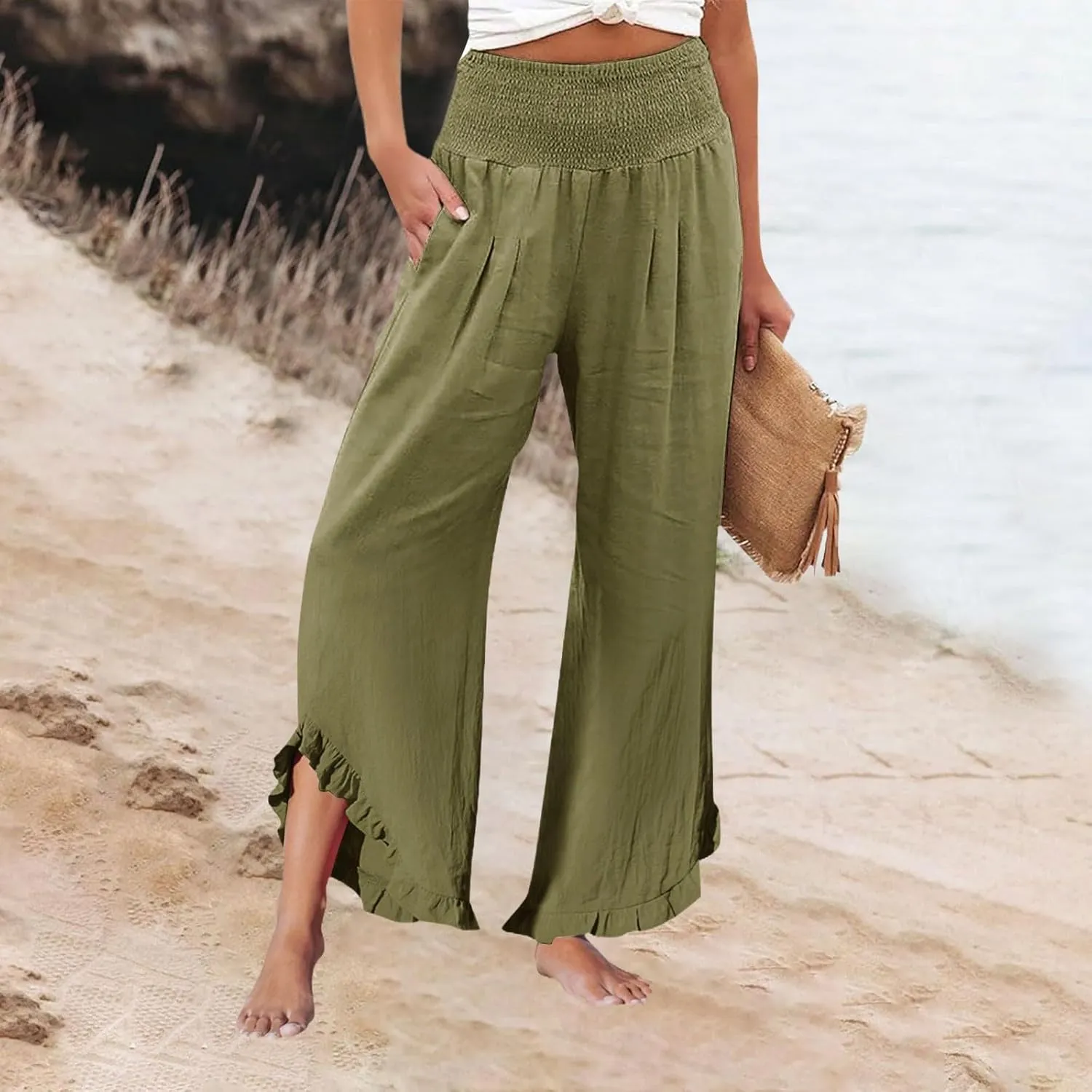 Linen Pants Women Summer Boho Wide Leg High Waist Lounge Palazzo Pant 2025 Casual Beach Vacation Outfits