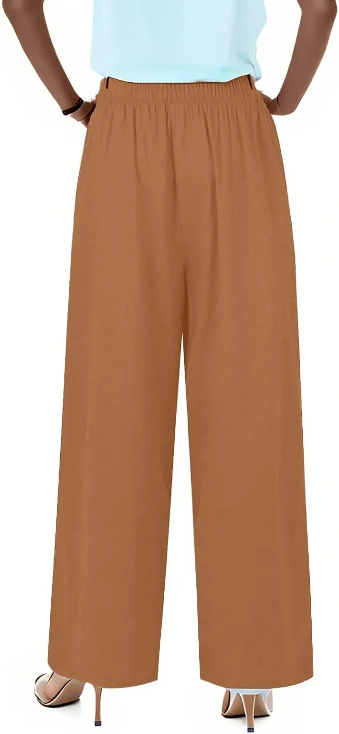 Linen Pants Women,Casual Pants Trendy Wide Leg High Waisted Cotton Linen Drawstring Summer Trouser with Pockets