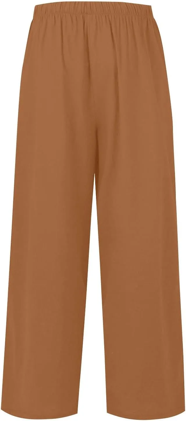Linen Pants Women,Casual Pants Trendy Wide Leg High Waisted Cotton Linen Drawstring Summer Trouser with Pockets