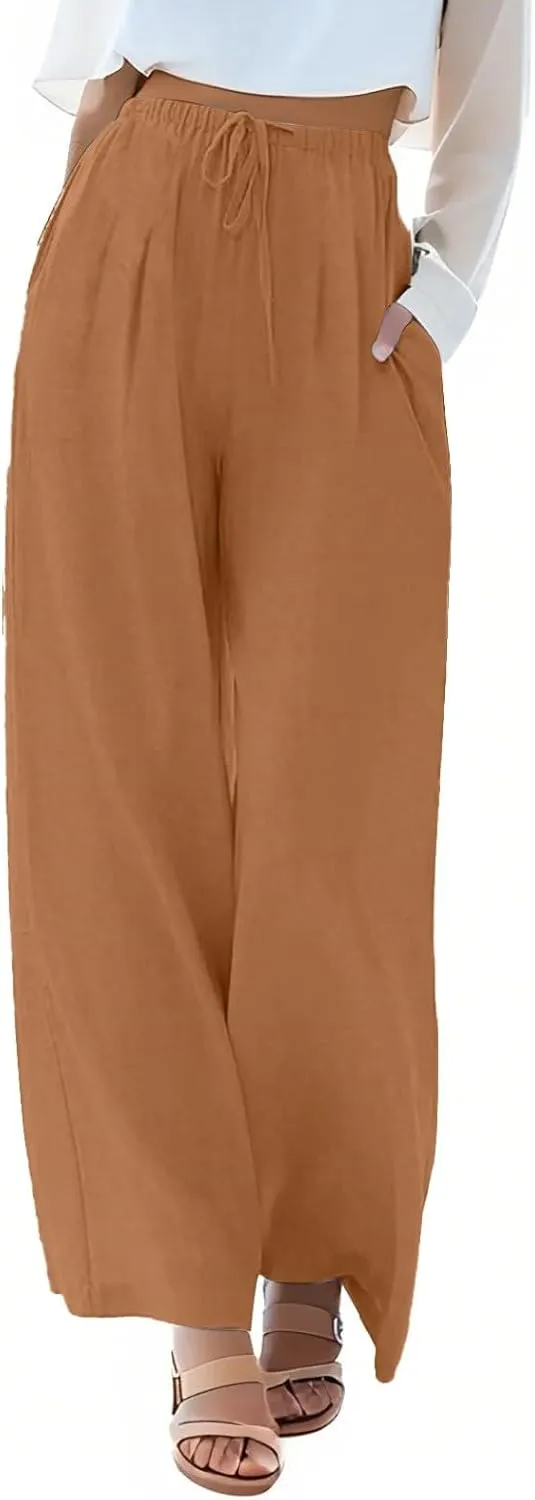 Linen Pants Women,Casual Pants Trendy Wide Leg High Waisted Cotton Linen Drawstring Summer Trouser with Pockets