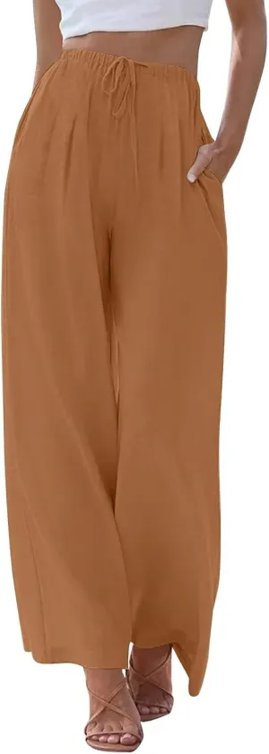 Linen Pants Women,Casual Pants Trendy Wide Leg High Waisted Cotton Linen Drawstring Summer Trouser with Pockets