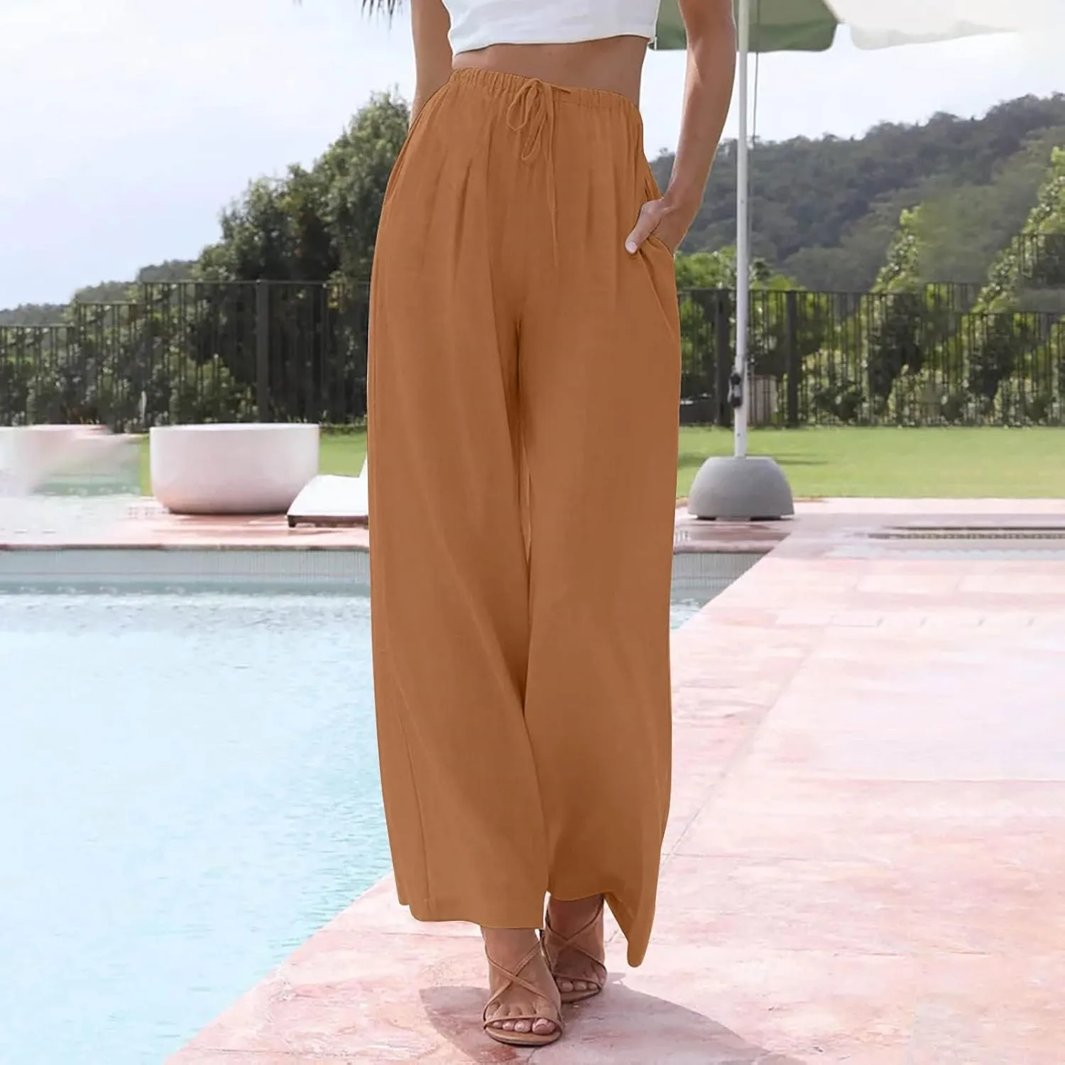 Linen Pants Women,Casual Pants Trendy Wide Leg High Waisted Cotton Linen Drawstring Summer Trouser with Pockets