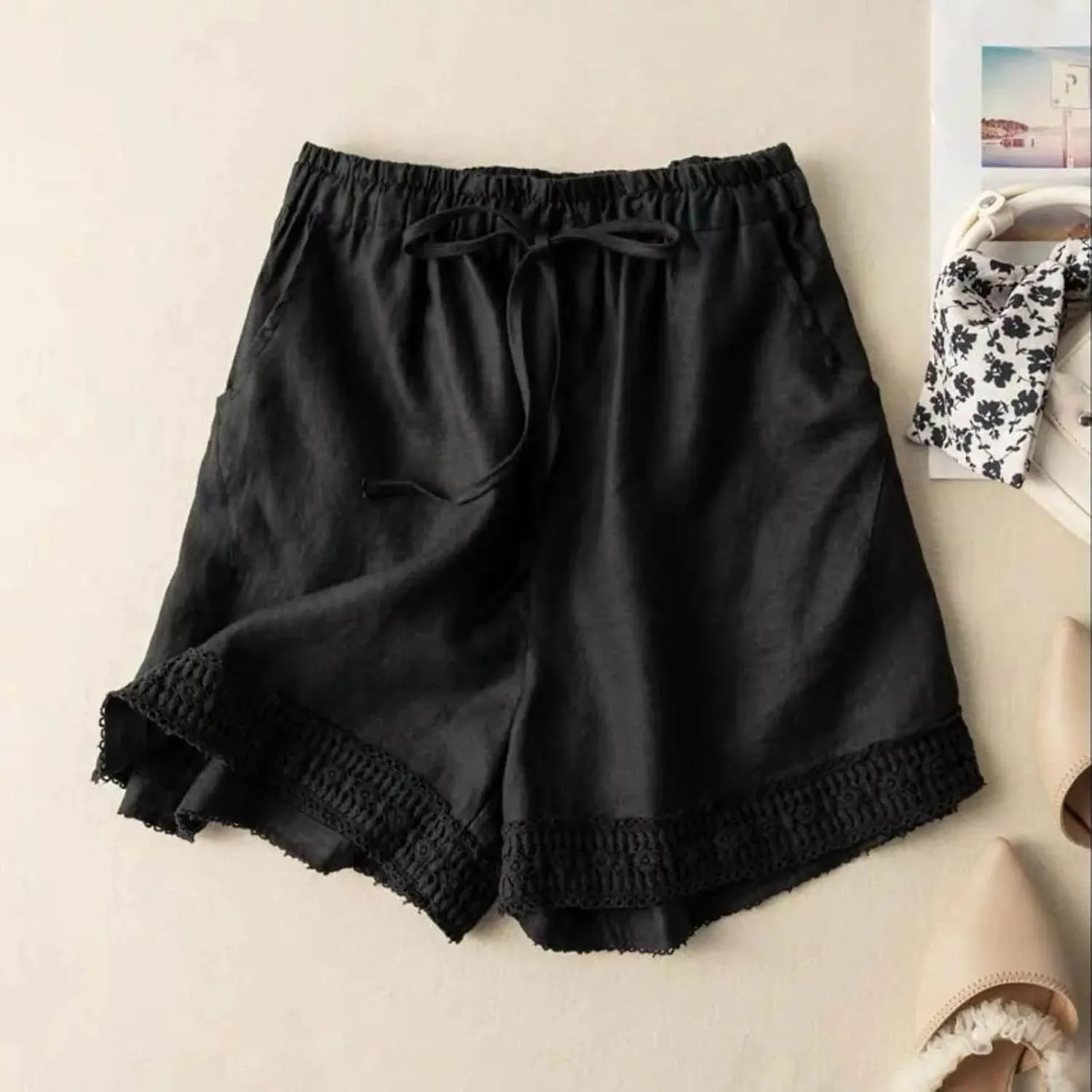 Linen Shorts for Women 2025 Summer Casual Lace Embroidery Shorts Comfy Elastic Waist Gauze Lounge Short with Pockets