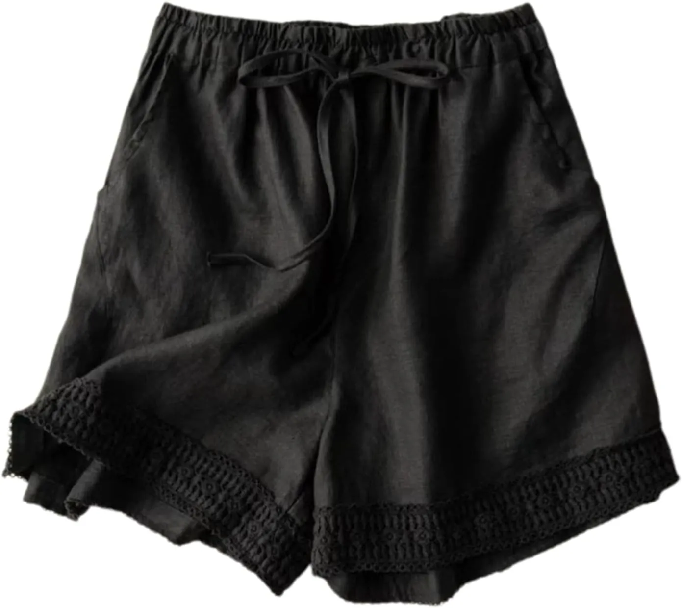 Linen Shorts for Women 2025 Summer Casual Lace Embroidery Shorts Comfy Elastic Waist Gauze Lounge Short with Pockets