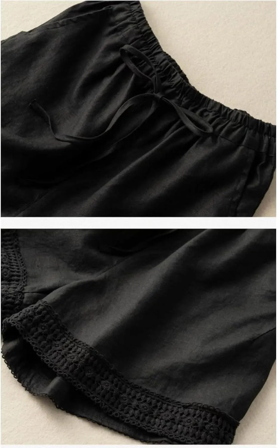 Linen Shorts for Women 2025 Summer Casual Lace Embroidery Shorts Comfy Elastic Waist Gauze Lounge Short with Pockets