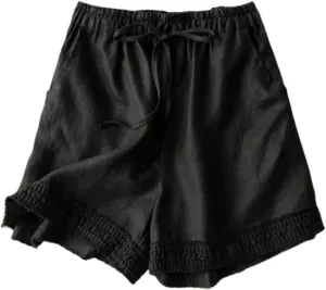 Linen Shorts for Women 2025 Summer Casual Lace Embroidery Shorts Comfy Elastic Waist Gauze Lounge Short with Pockets