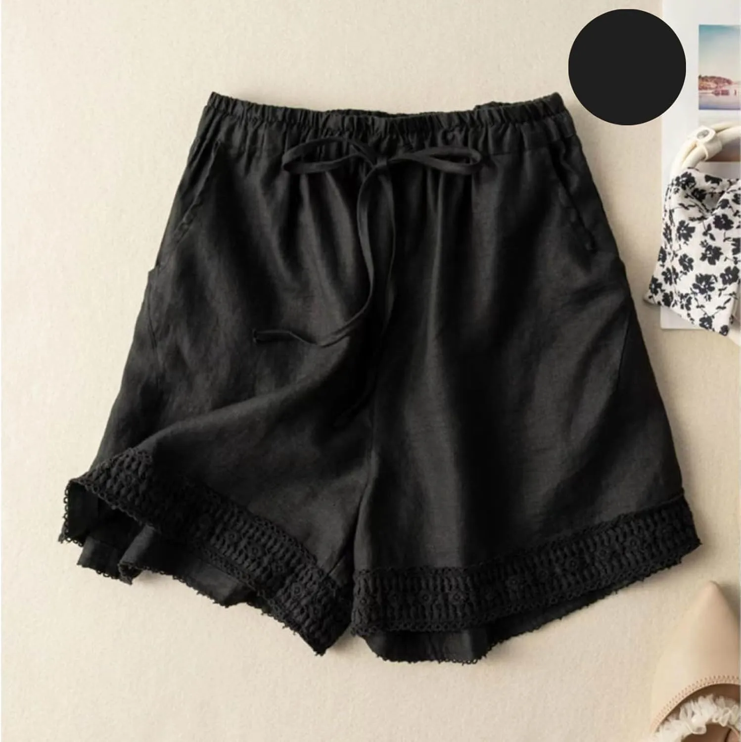 Linen Shorts for Women 2025 Summer Casual Lace Embroidery Shorts Comfy Elastic Waist Gauze Lounge Short with Pockets