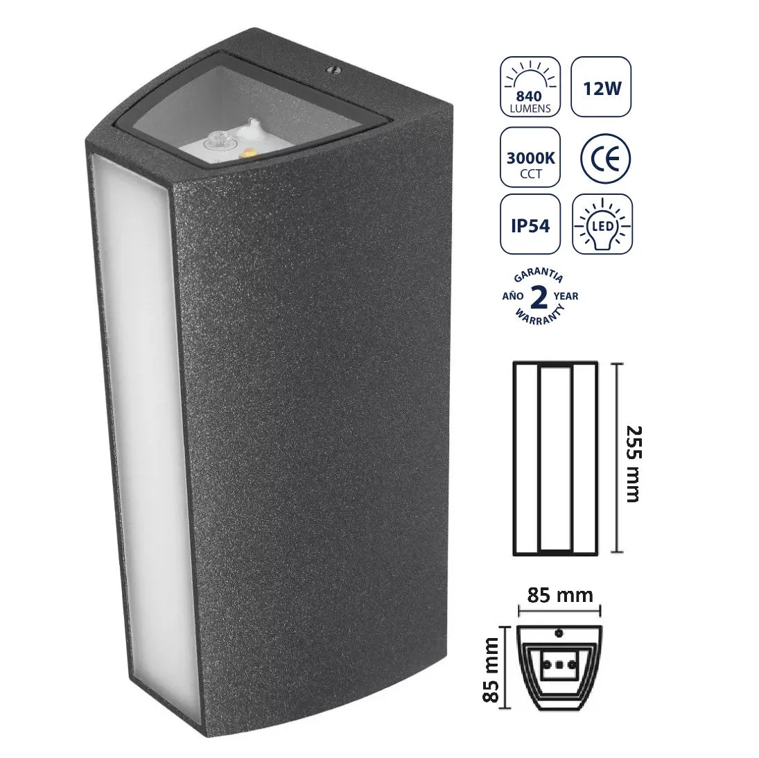 Lámpara De Pared Exterior Negra LED 12W - Luz Cálida 3000K, 840Lm. Eficiencia Energética.Luminaria.