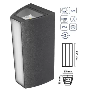 Lámpara De Pared Exterior Negra LED 12W - Luz Cálida 3000K, 840Lm. Eficiencia Energética.Luminaria.