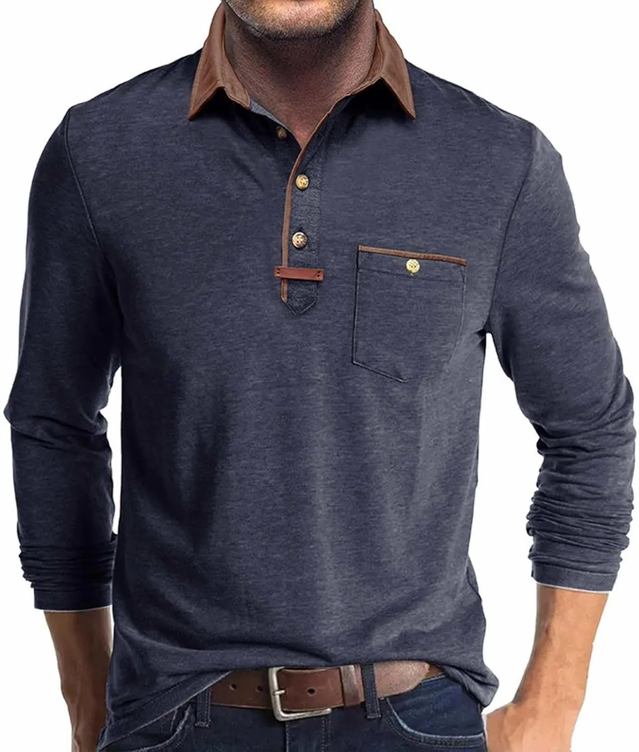 Long Sleeve Polo Shirts Men Fashion Casual Color Block Collar Work Tee Shirts Classic Slim Fit Basic Golf Polos Tops