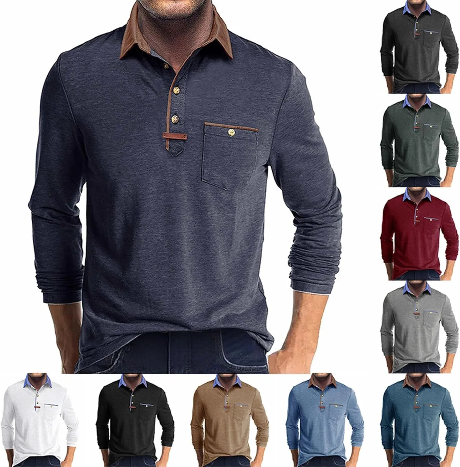 Long Sleeve Polo Shirts Men Fashion Casual Color Block Collar Work Tee Shirts Classic Slim Fit Basic Golf Polos Tops