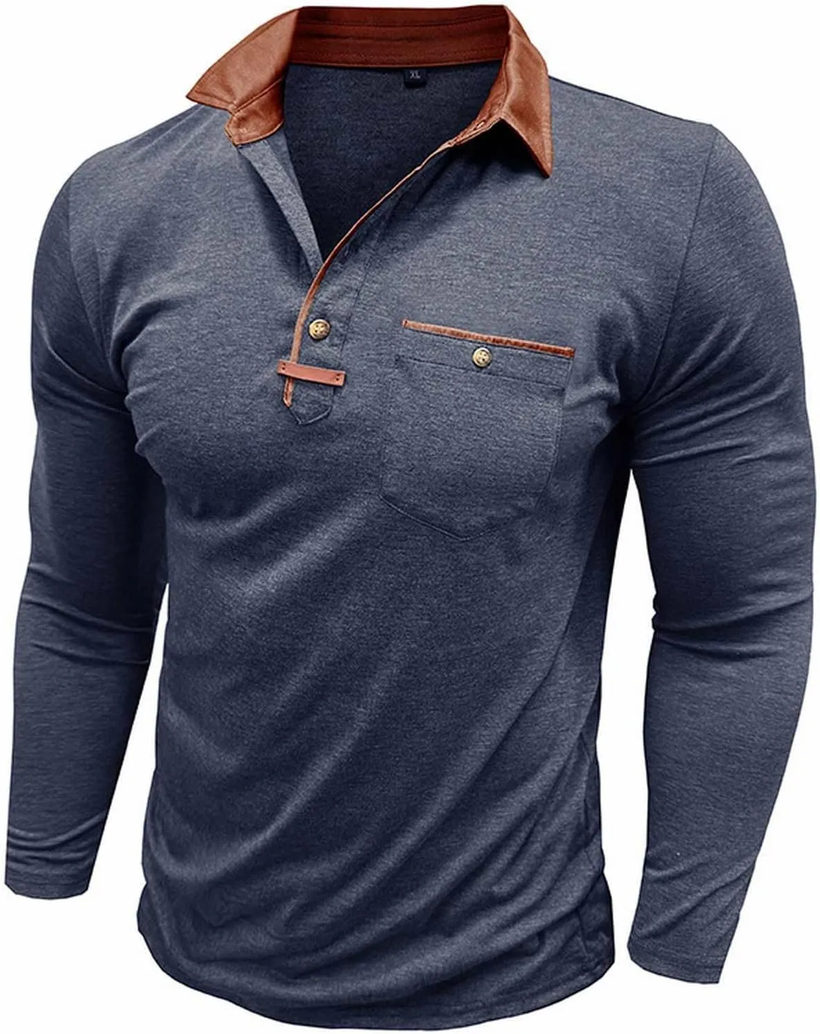 Long Sleeve Polo Shirts Men Fashion Casual Color Block Collar Work Tee Shirts Classic Slim Fit Basic Golf Polos Tops
