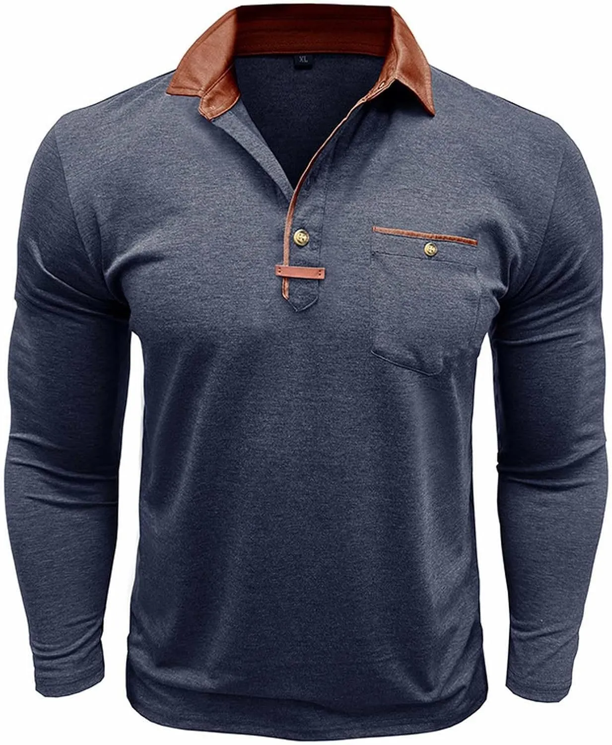 Long Sleeve Polo Shirts Men Fashion Casual Color Block Collar Work Tee Shirts Classic Slim Fit Basic Golf Polos Tops