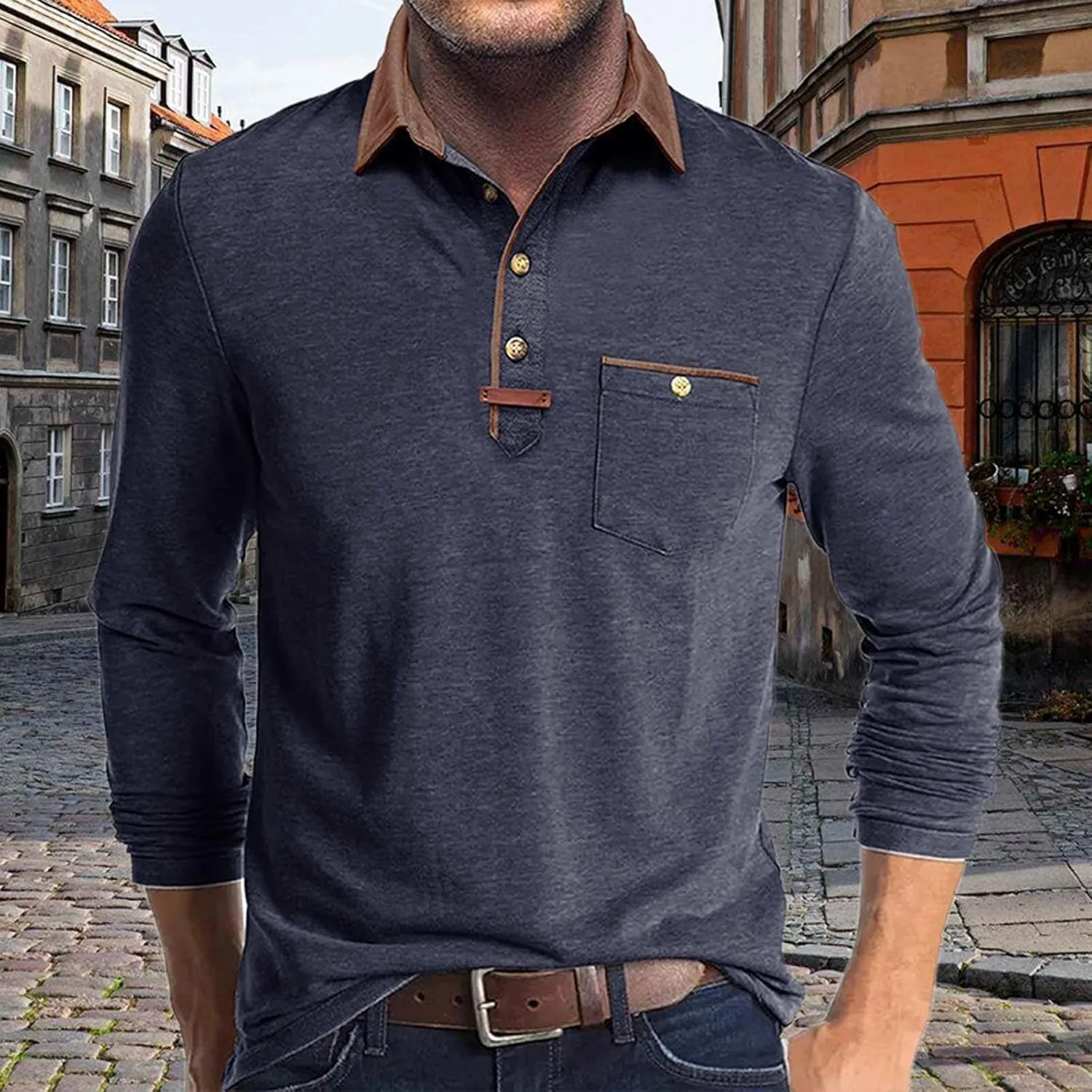 Long Sleeve Polo Shirts Men Fashion Casual Color Block Collar Work Tee Shirts Classic Slim Fit Basic Golf Polos Tops