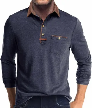 Long Sleeve Polo Shirts Men Fashion Casual Color Block Collar Work Tee Shirts Classic Slim Fit Basic Golf Polos Tops