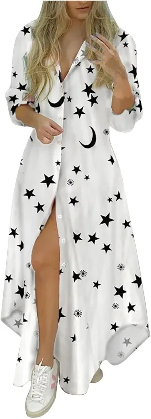 Loose Fashion Casual Loose Sexy Long Sleeve Pocket Button Shirt Print Dress Clothes