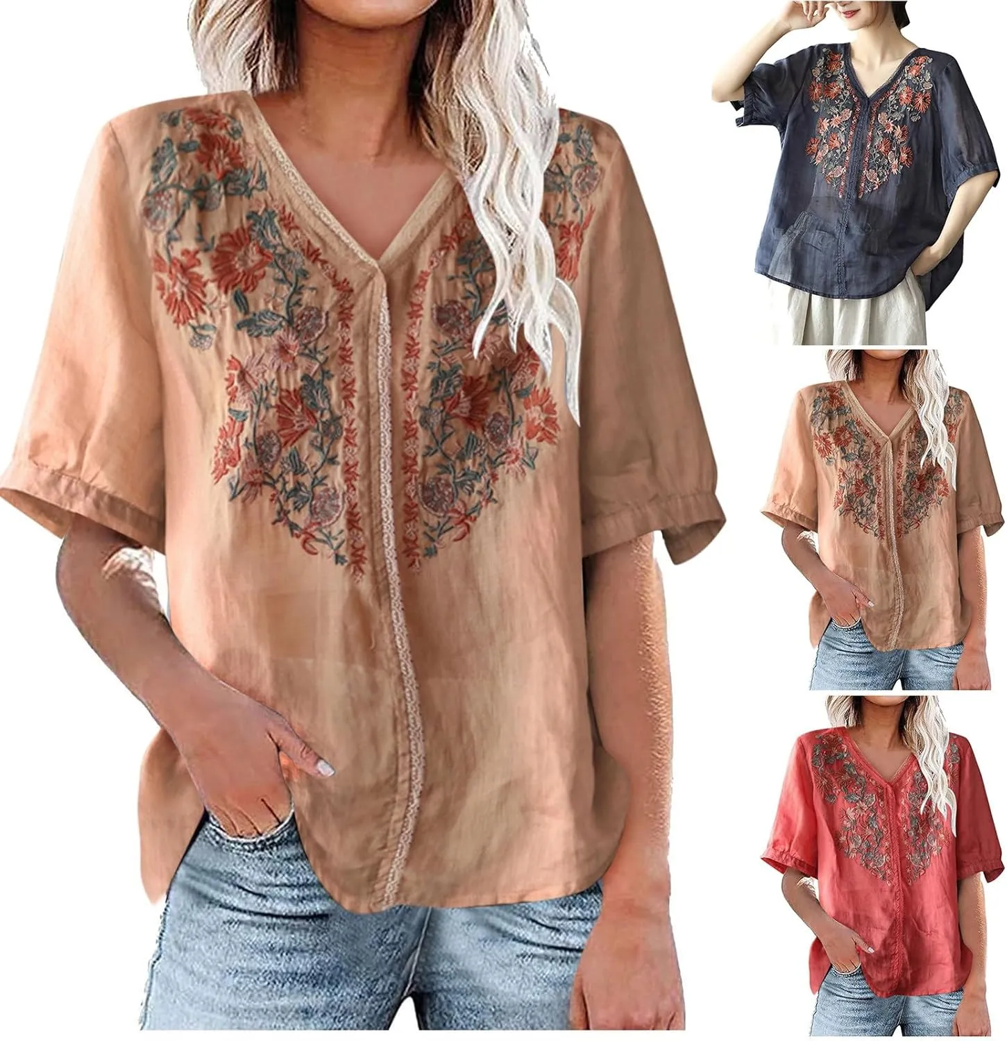maisdgop Embroidered Tops for Women Fashion Mexican Boho Blouse Casual V Neck Short Sleeve Shirt Comfy Cotton Linen T-Shirt