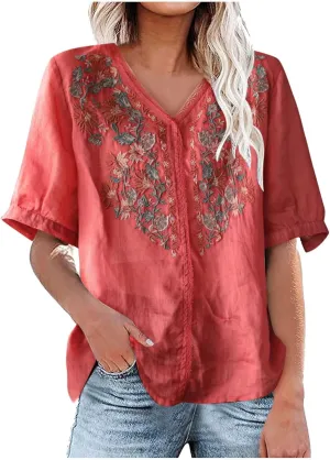 maisdgop Embroidered Tops for Women Fashion Mexican Boho Blouse Casual V Neck Short Sleeve Shirt Comfy Cotton Linen T-Shirt
