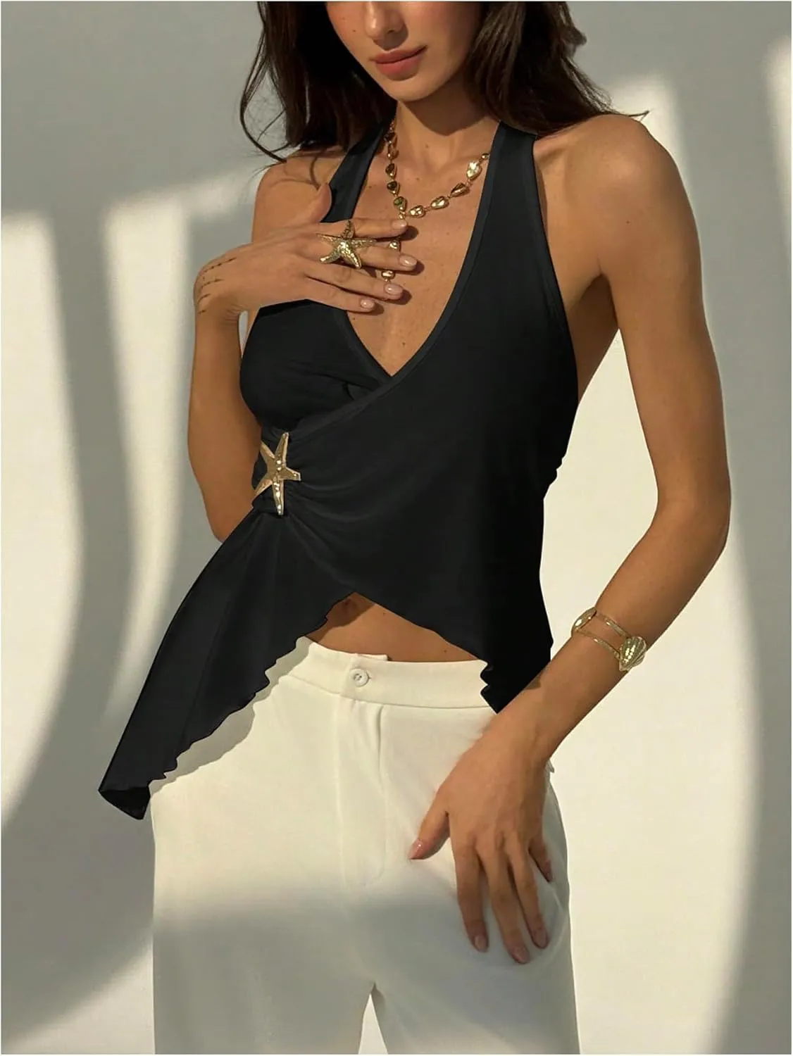 MakeMeChic Women's Open Back Halter Tops Asymmetrical Wrap Metal Starfish Going Out Tank