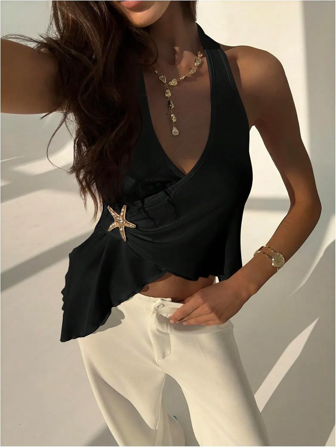 MakeMeChic Women's Open Back Halter Tops Asymmetrical Wrap Metal Starfish Going Out Tank