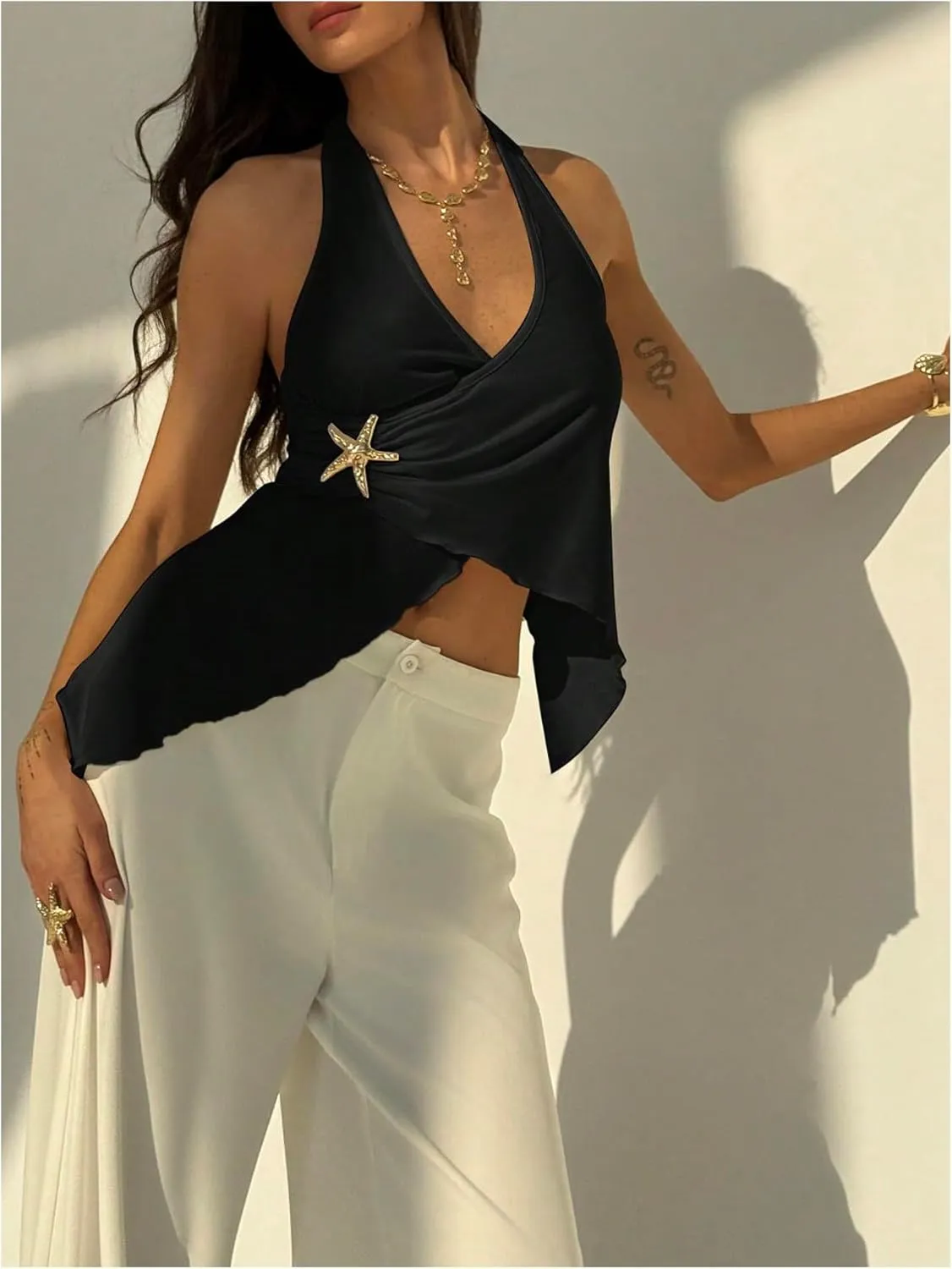 MakeMeChic Women's Open Back Halter Tops Asymmetrical Wrap Metal Starfish Going Out Tank