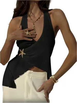 MakeMeChic Women's Open Back Halter Tops Asymmetrical Wrap Metal Starfish Going Out Tank