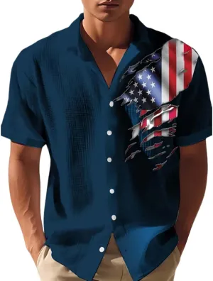 Mens American Flag Waffle Shirts Button Down Short Sleeve 4th of July Hawaiian Golf Shirts Summer Beach Vacation Wear