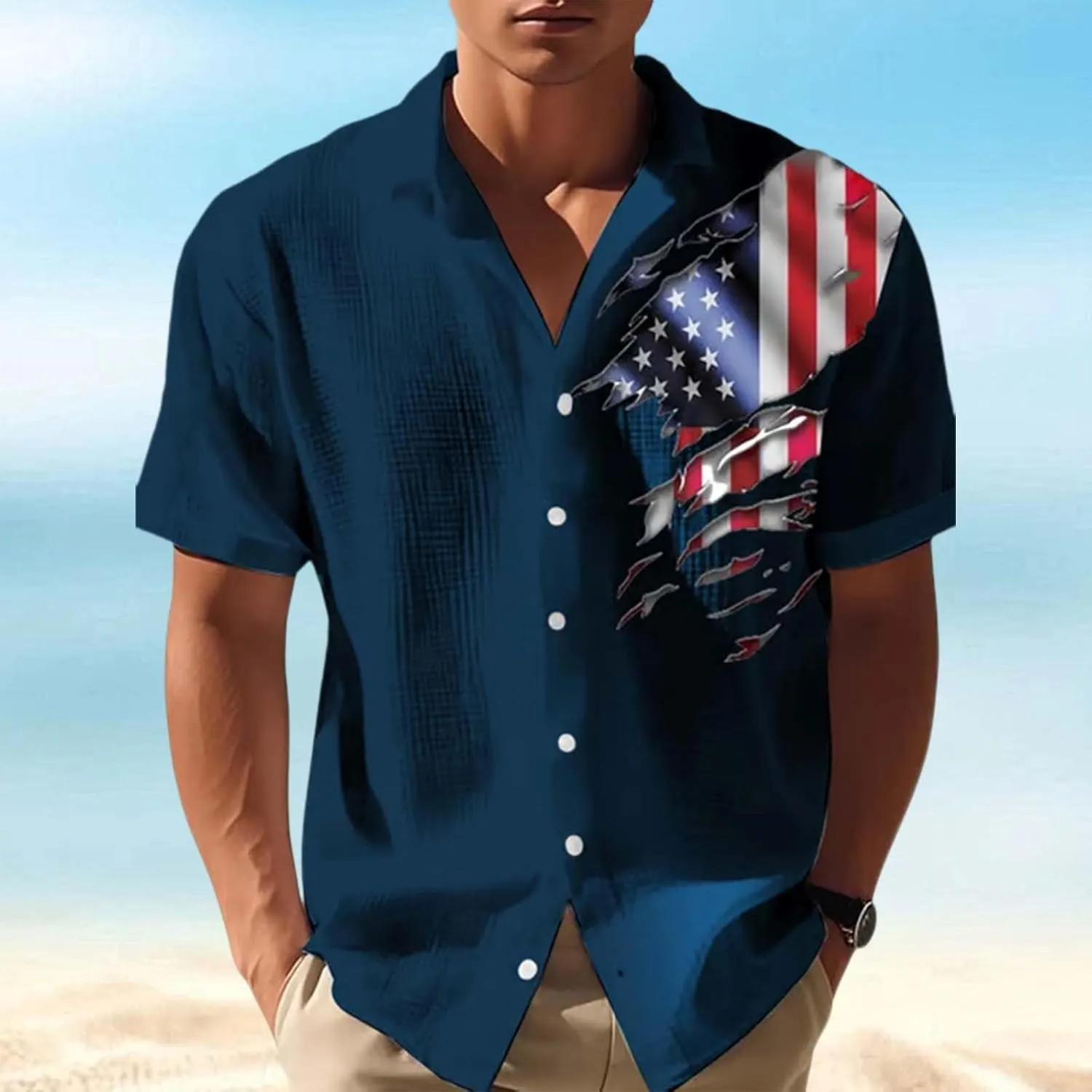 Mens American Flag Waffle Shirts Button Down Short Sleeve 4th of July Hawaiian Golf Shirts Summer Beach Vacation Wear