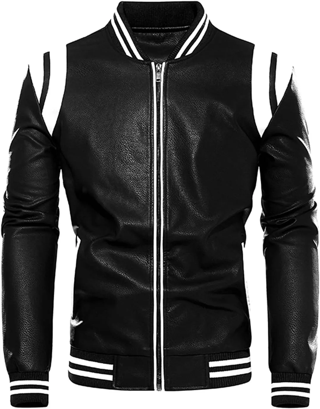 Men's Faux Leather Jacket Zipper Button Round Collar Casual Motorcycle Jackets Fashion Winter Long Sleeve Outwear