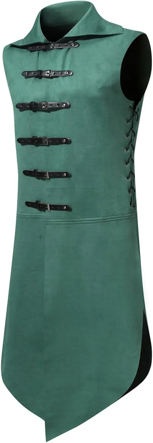 Mens Gothic Steampunk Vest Vintage Tailcoat Jacket Waistcoat Band Collar Sleeveless Coat Victorian Medieval Long Trench Coats