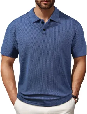 Mens Knitted Polo Shirts 2025 Summer Casual Textured Golf Polos Shirt V Neck Short Sleeve Performance Collared Shirts