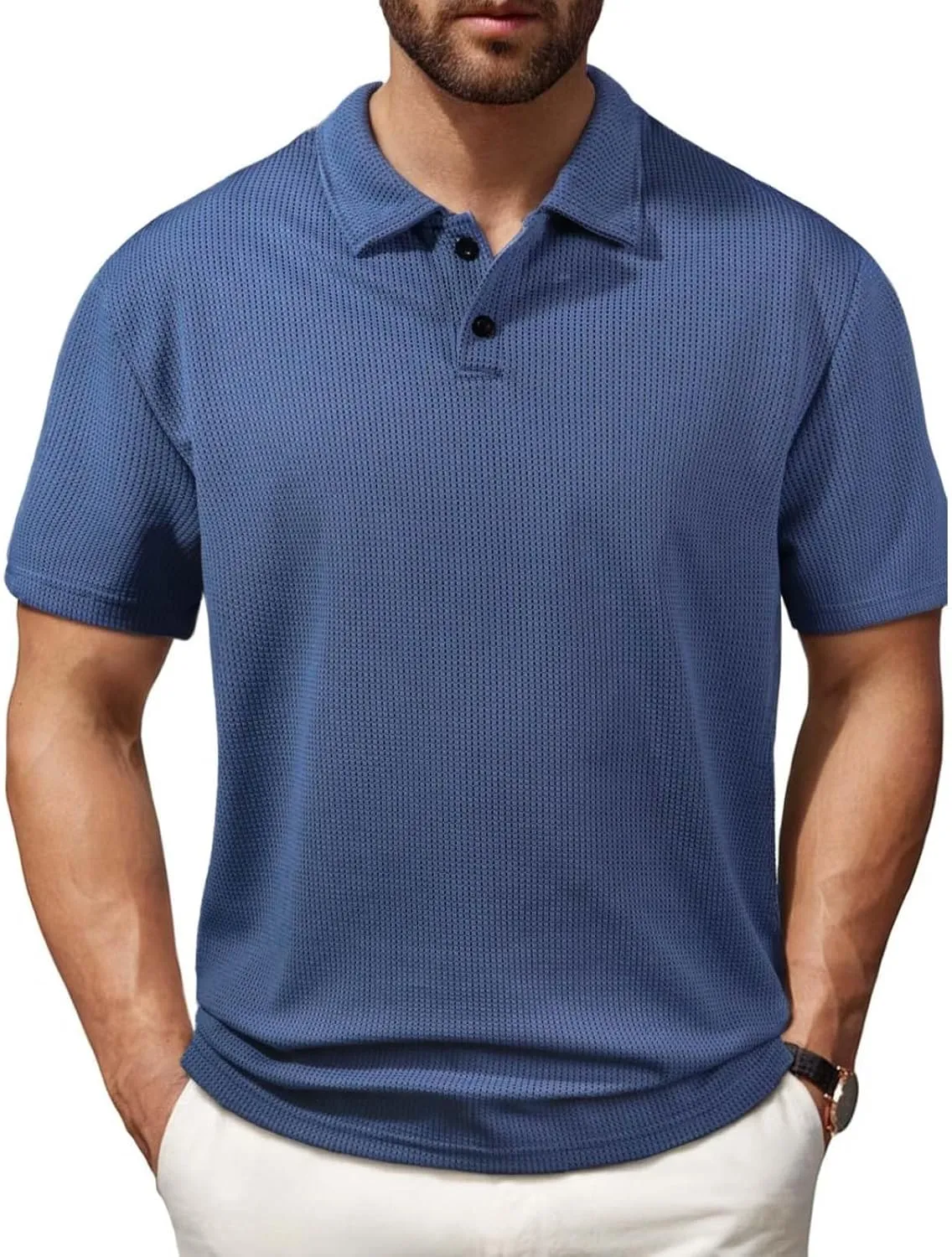 Mens Knitted Polo Shirts 2025 Summer Casual Textured Golf Polos Shirt V Neck Short Sleeve Performance Collared Shirts