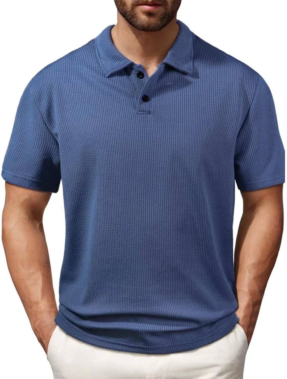 Mens Knitted Polo Shirts 2025 Summer Casual Textured Golf Polos Shirt V Neck Short Sleeve Performance Collared Shirts