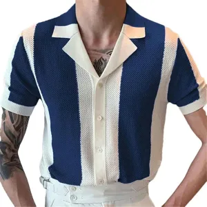 Men's Knitted Shirt Striped Contrast Color Jacquard Knitted Tops Short Sleeve Cardigans Buttoned Lapel Slim Shirts Summer