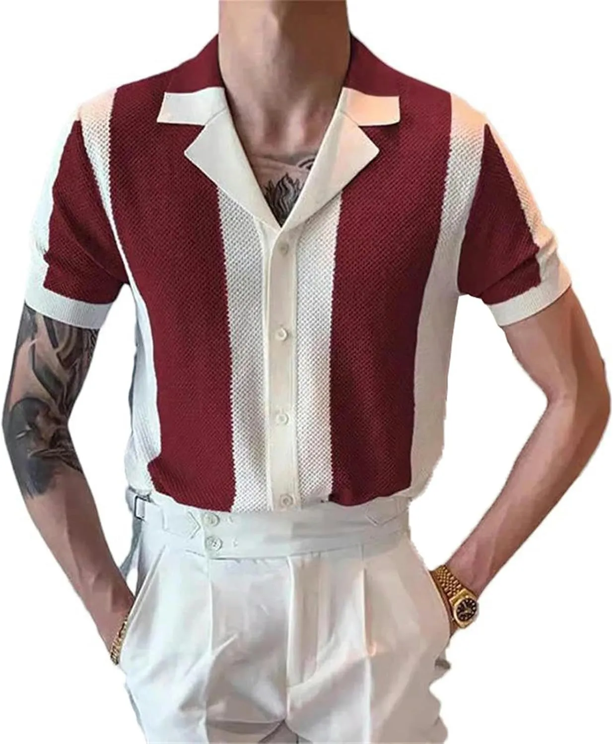 Men's Knitted Shirt Striped Contrast Color Jacquard Knitted Tops Short Sleeve Cardigans Buttoned Lapel Slim Shirts Summer
