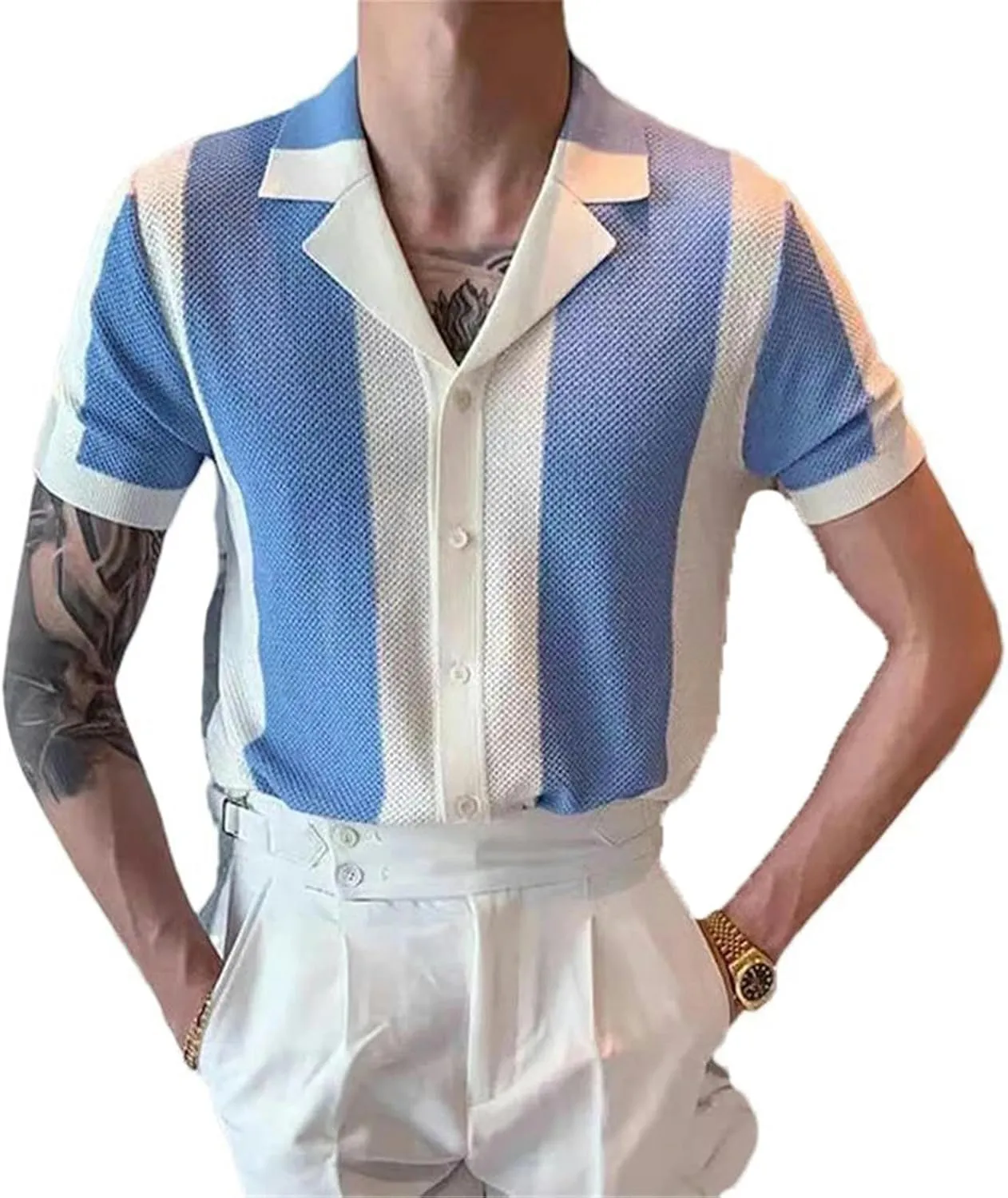 Men's Knitted Shirt Striped Contrast Color Jacquard Knitted Tops Short Sleeve Cardigans Buttoned Lapel Slim Shirts Summer
