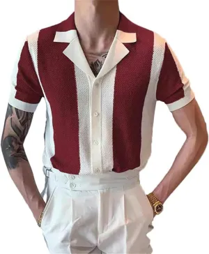 Men's Knitted Shirt Striped Contrast Color Jacquard Knitted Tops Short Sleeve Cardigans Buttoned Lapel Slim Shirts Summer