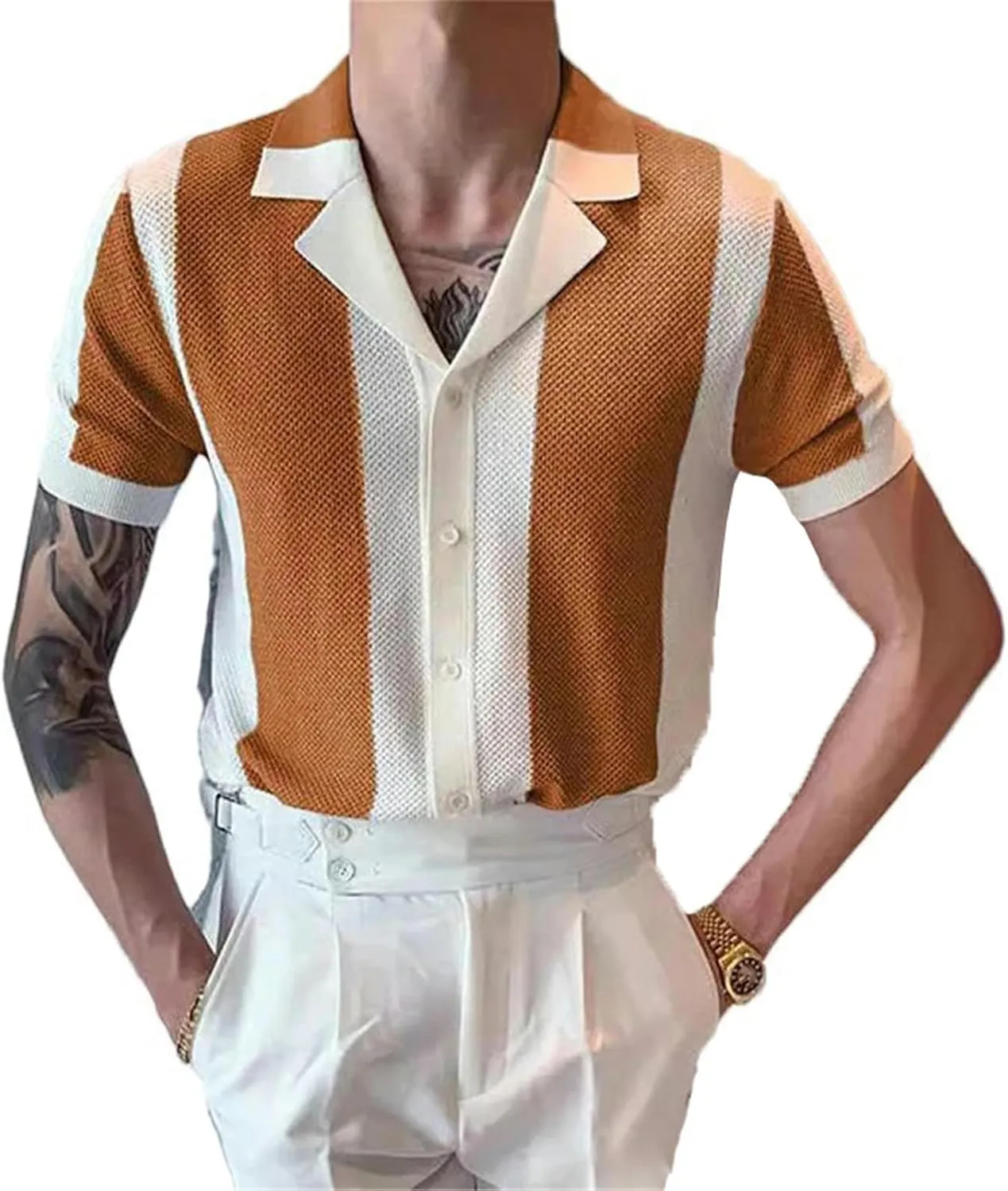 Men's Knitted Shirt Striped Contrast Color Jacquard Knitted Tops Short Sleeve Cardigans Buttoned Lapel Slim Shirts Summer