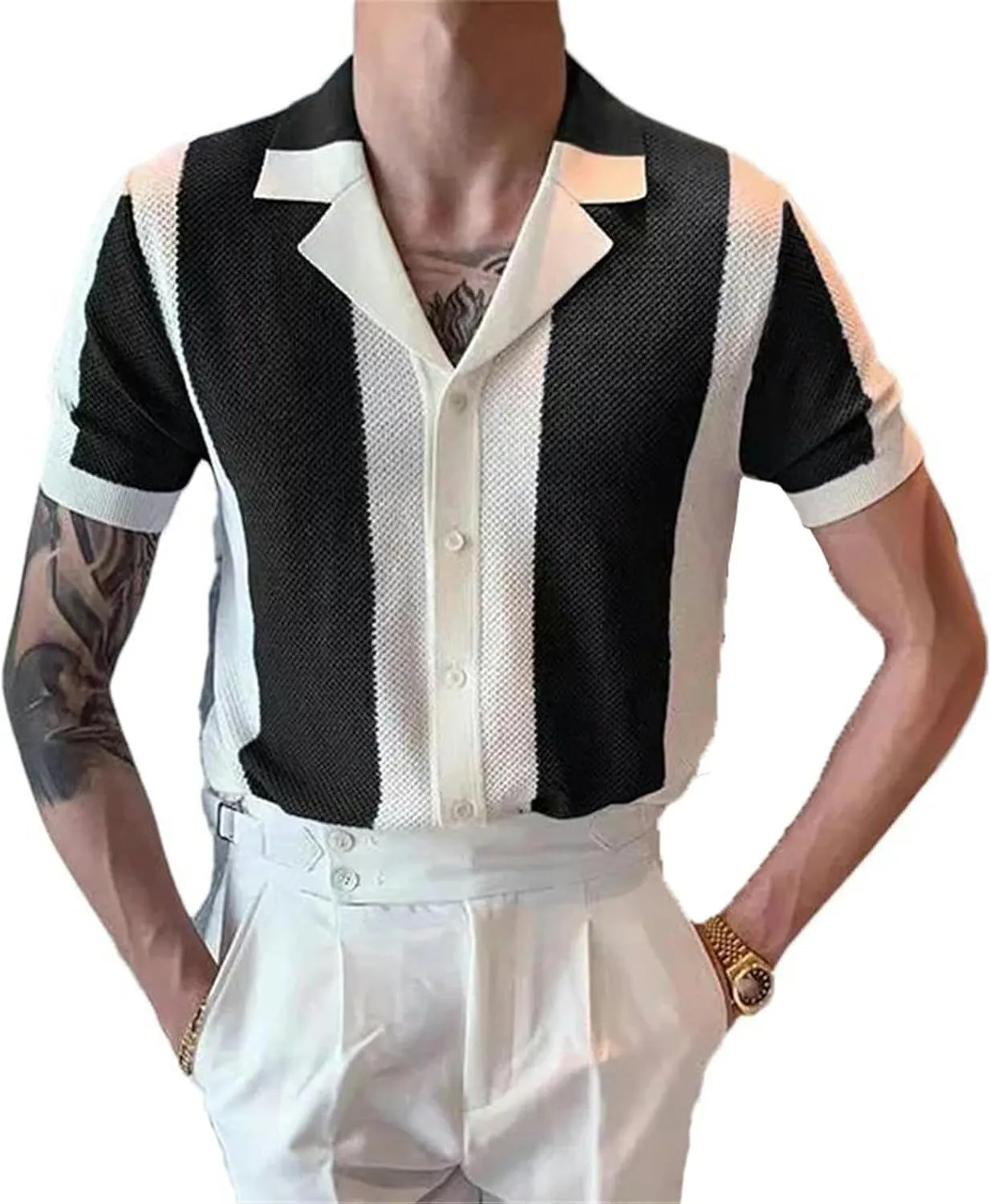 Men's Knitted Shirt Striped Contrast Color Jacquard Knitted Tops Short Sleeve Cardigans Buttoned Lapel Slim Shirts Summer