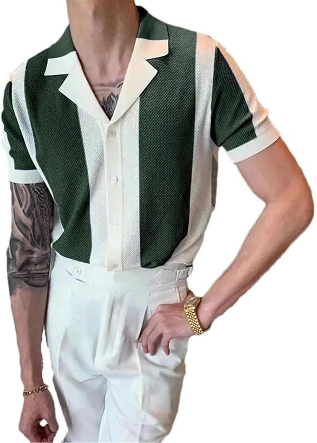 Men's Knitted Shirt Striped Contrast Color Jacquard Knitted Tops Short Sleeve Cardigans Buttoned Lapel Slim Shirts Summer