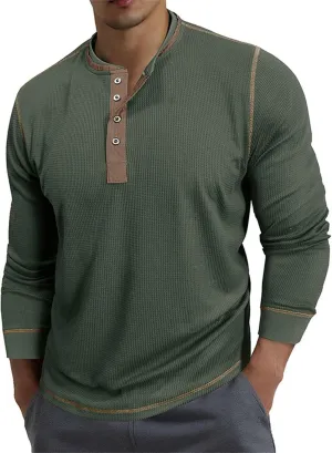 Men's Long Sleeve Waffle Henley Shirts Fashion Vintage Color Block Plaid Button T-Shirt Lightweight Pullover Shirt
