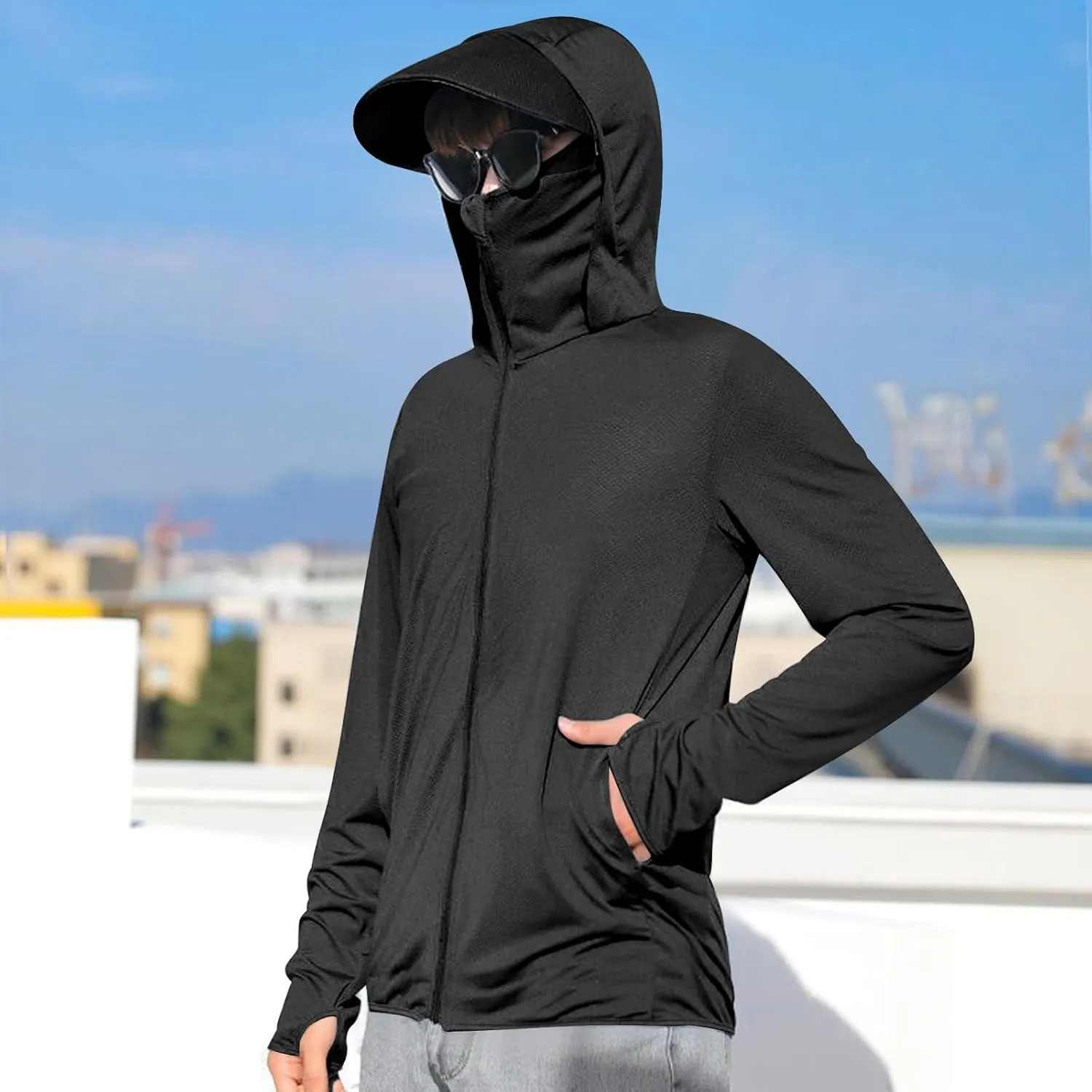 Men's UPF 50  Lightweight Jacket Full Zip Sun Protection Hoodie Long Sleeve Hiking Fishing Sun Shirts with Pockets