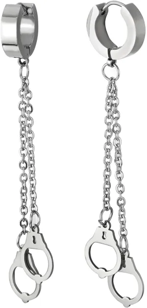 Mens Womens Stainless Steel Huggie Hinged Hoop Earrings with Double Long Chains Dangle Handcuffs
