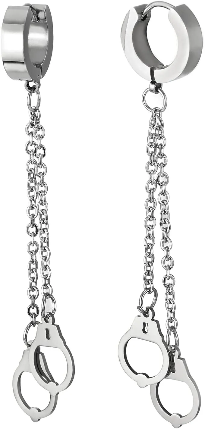 Mens Womens Stainless Steel Huggie Hinged Hoop Earrings with Double Long Chains Dangle Handcuffs