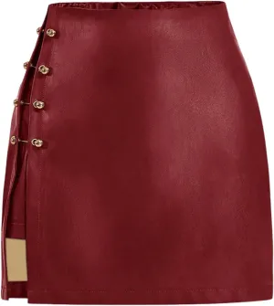 Milumia Women's Metal Decor Leather Short Skirt Side Slit Straight Mini Skirts