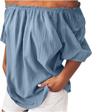 Off Shoulder Tops for Women Trendy Cotton Linen Oversized Tops Elastic Ruffle Trim Shirts Summer Loose Fit Blouse Top