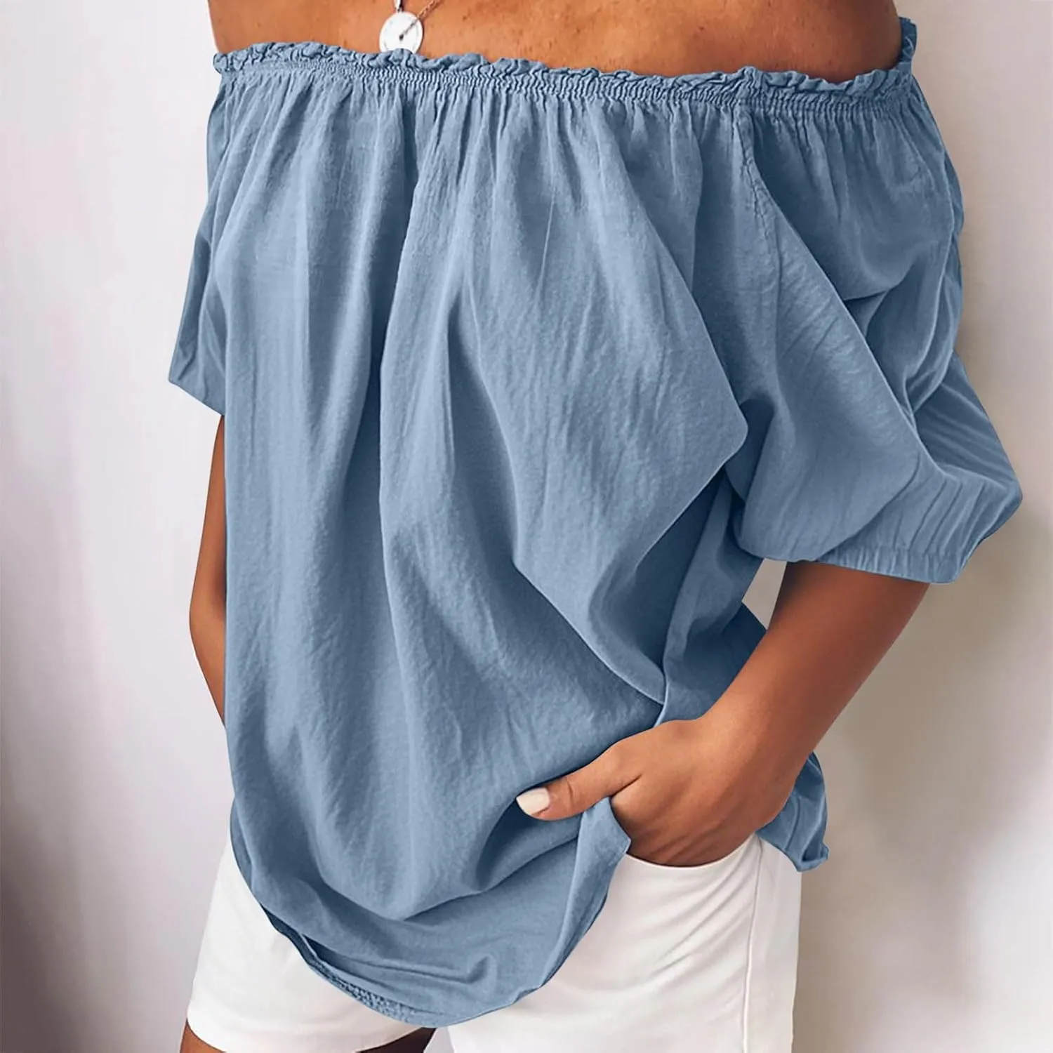 Off Shoulder Tops for Women Trendy Cotton Linen Oversized Tops Elastic Ruffle Trim Shirts Summer Loose Fit Blouse Top