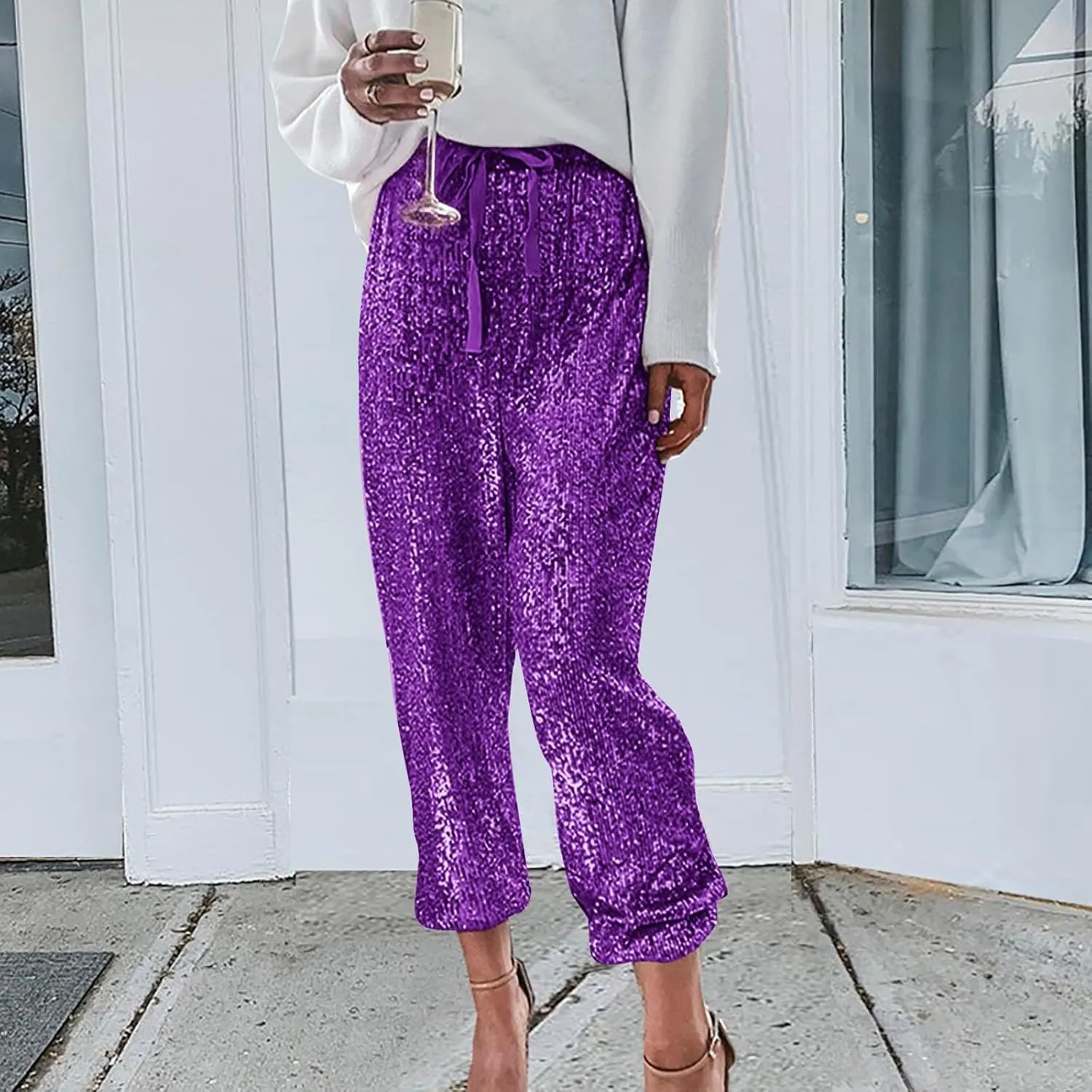 sdbrld Sparkle Pants Women,Womens Sequin Pants Shiny Glitter Bling Evening Party Pants Fashion Pencil Pants with Drawstring