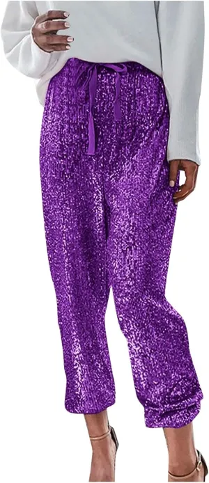 sdbrld Sparkle Pants Women,Womens Sequin Pants Shiny Glitter Bling Evening Party Pants Fashion Pencil Pants with Drawstring
